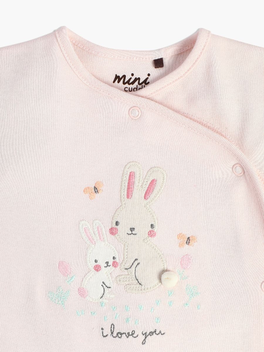 Baby Girls Bunny Print Front Open Sleepsuit, Light Pink