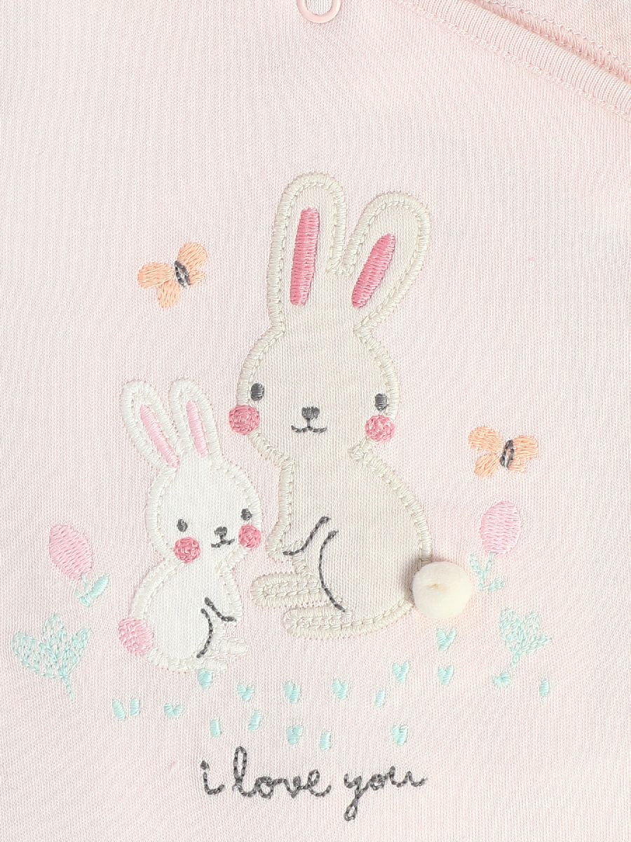 Baby Girls Bunny Print Front Open Sleepsuit, Light Pink