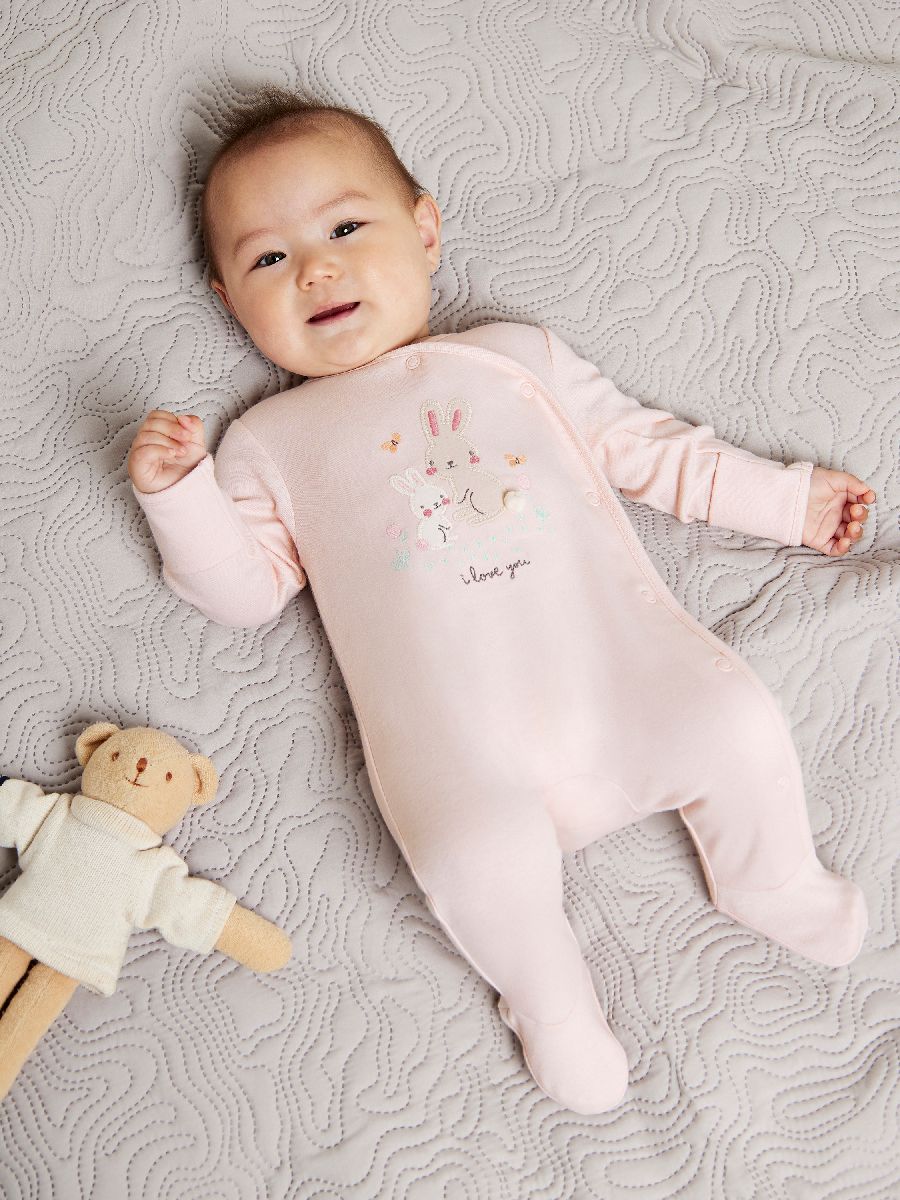 Baby Girls Bunny Print Front Open Sleepsuit, Light Pink