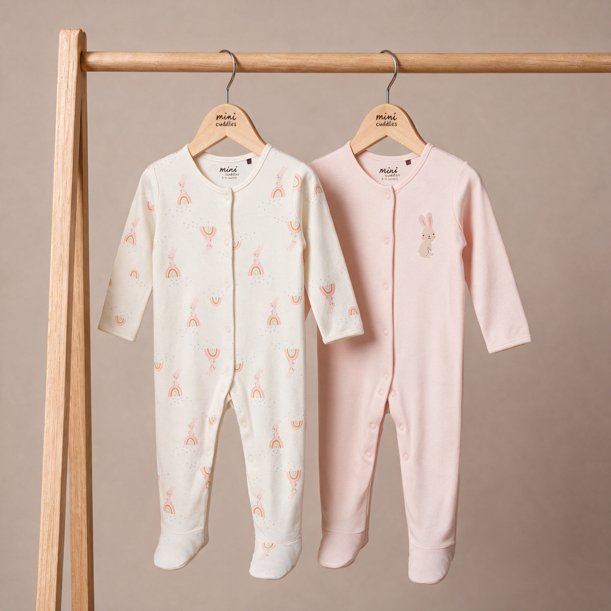 Baby Girls Rainbow Printed Sleepsuit Pack of 2, Pink and Cream