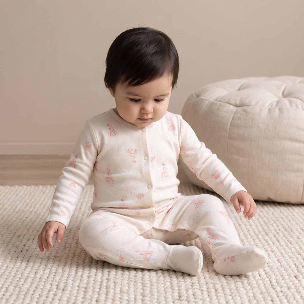Baby Girls Rainbow Printed Sleepsuit Pack of 2, Pink and Cream