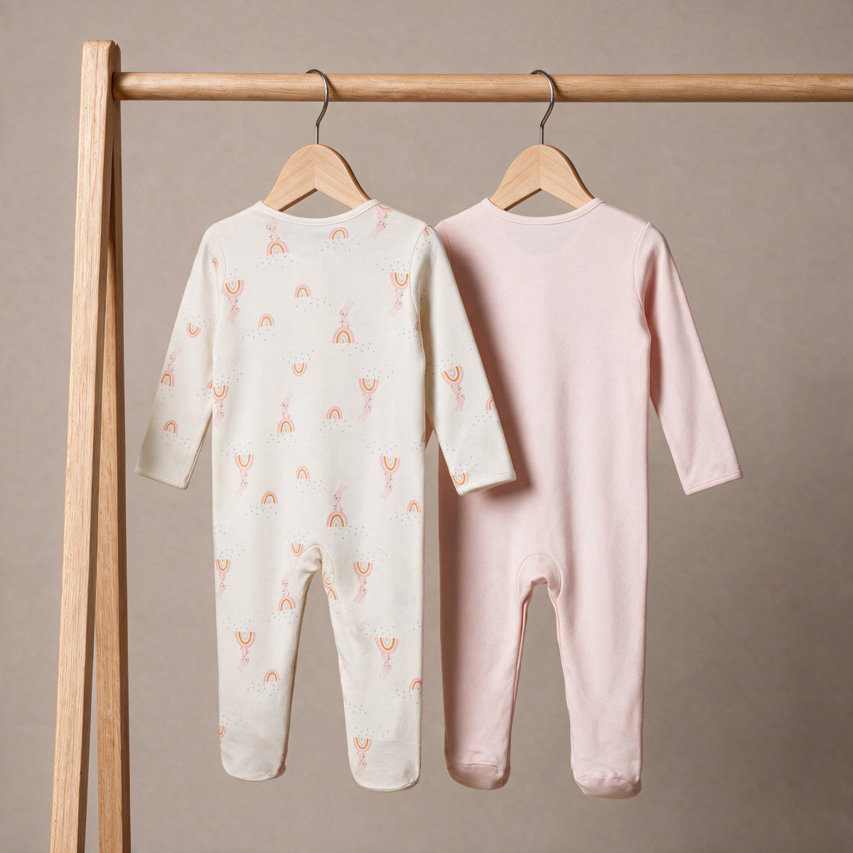 Baby Girls Rainbow Printed Sleepsuit Pack of 2, Pink and Cream