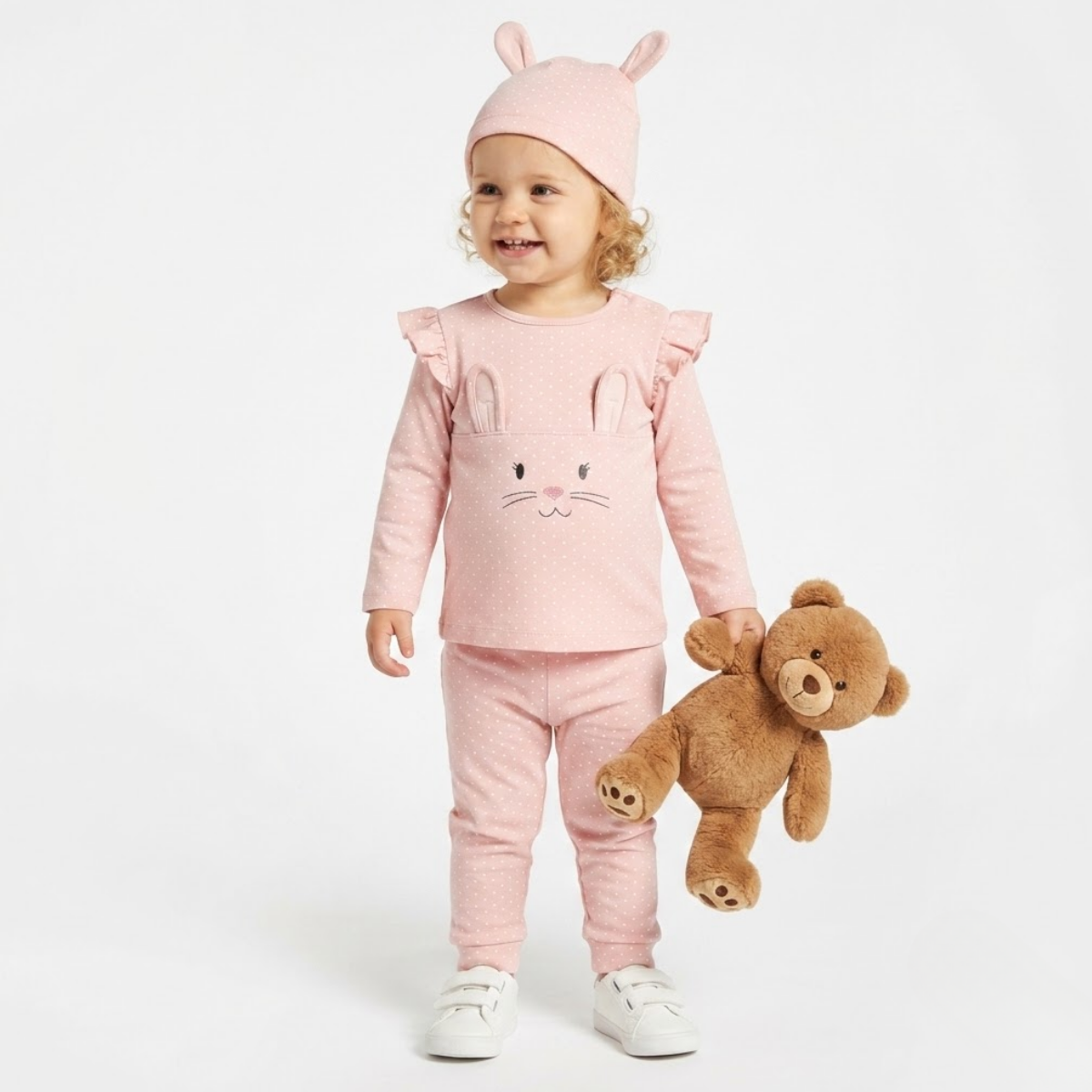 Baby Girls Polka Dot Printed Sleepsuit with Cap, Pink