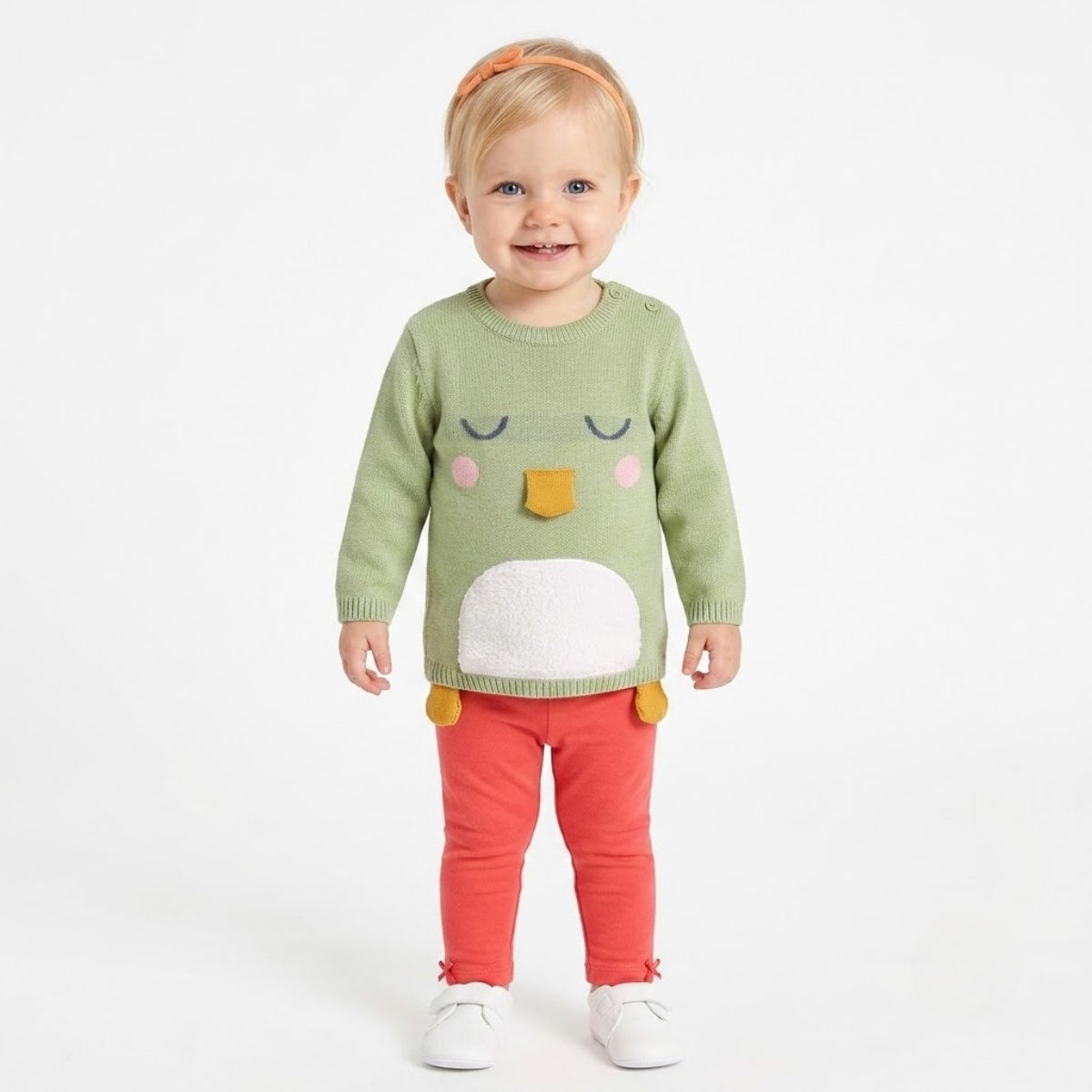 Baby Girls Animal Face Design Sweater, Green