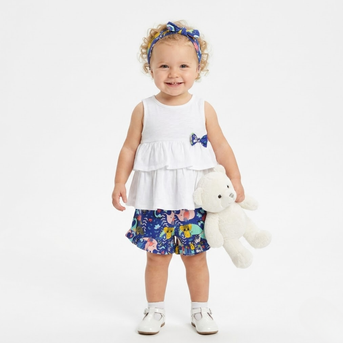 Baby Girls Solid Top with Printed Shorts and Headband Set, White and Blue