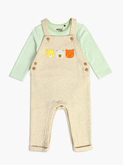 Baby Unisex Animal Embroidered Dungaree Set, Beige & Green