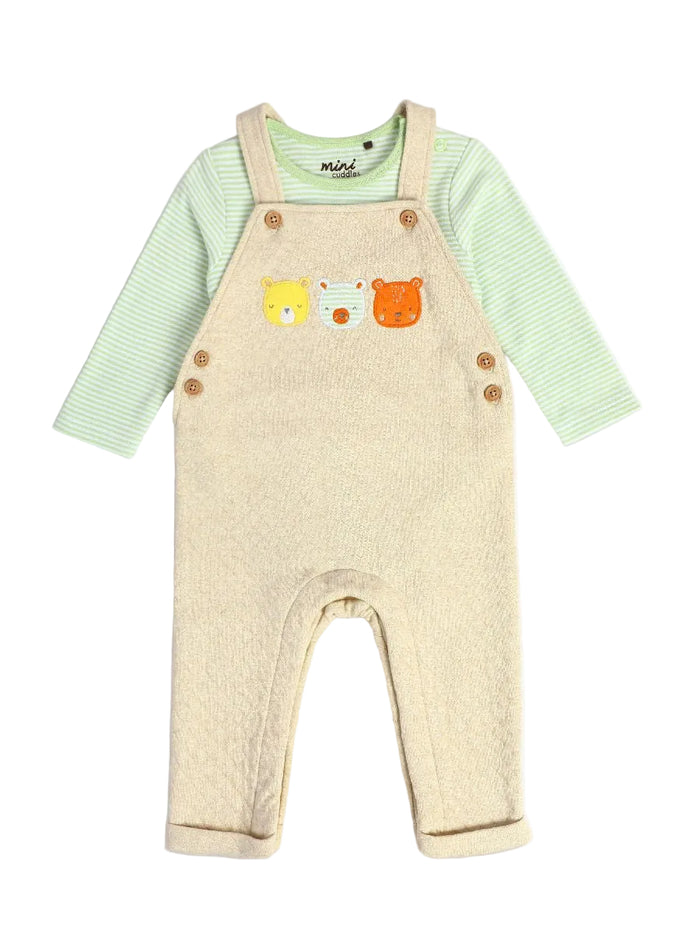 Baby Unisex Animal Embroidered Dungaree Set, Beige & Green