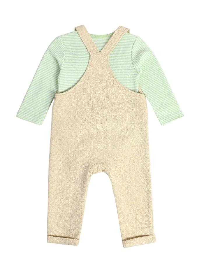 Baby Unisex Animal Embroidered Dungaree Set, Beige & Green