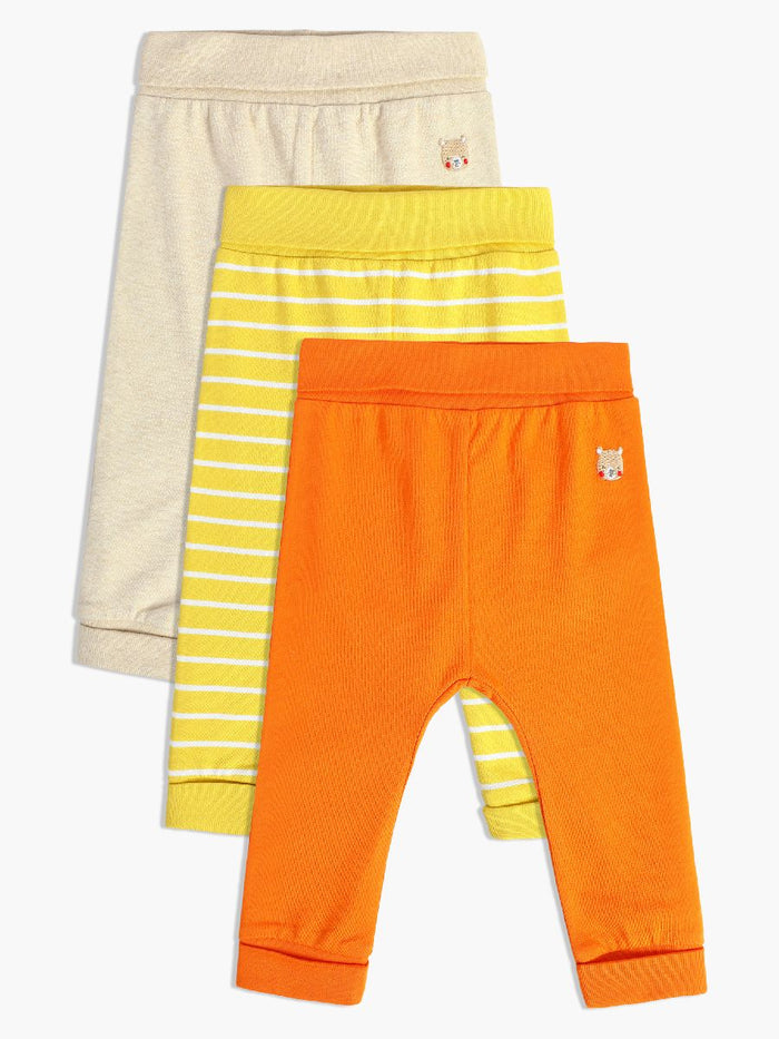 Baby Unisex Pack of 3 Printed & Solid Bottoms – Beige,Yellow & Orange