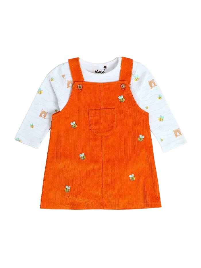 Baby Girls Embroidered Pinny Set, White & Orange