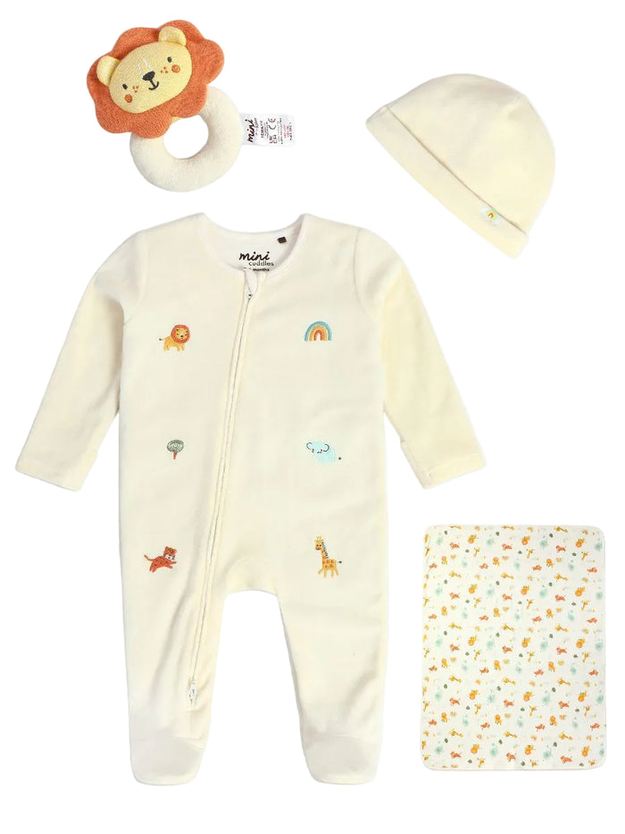 Unisex Safari Embroidered Sleepsuit, Hat, Rattle & Blanket Gift Set – Cream