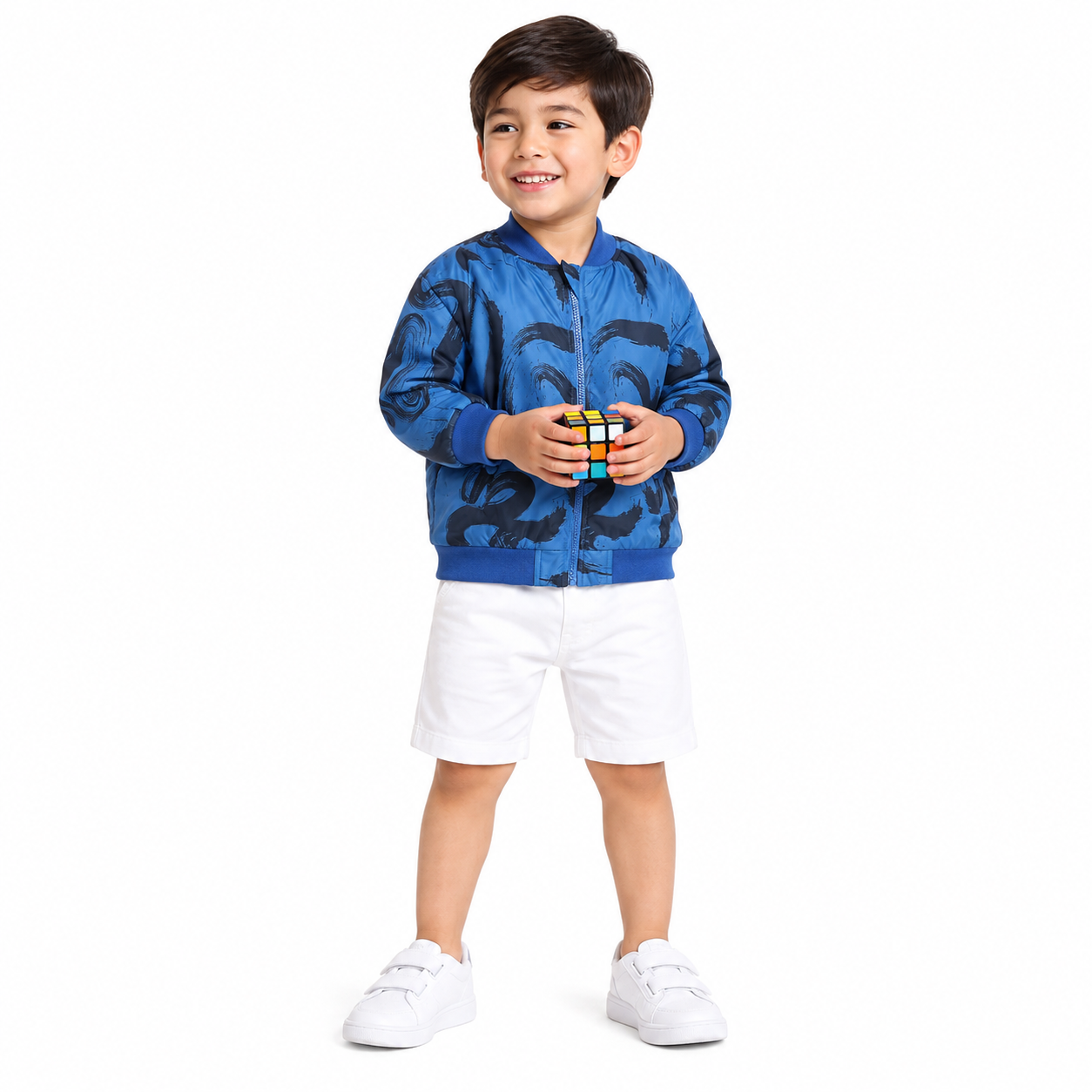 Boys Blue and Black Polyester Bomber Jacket Abstract Print Regular Fit Winter Kids Jacket