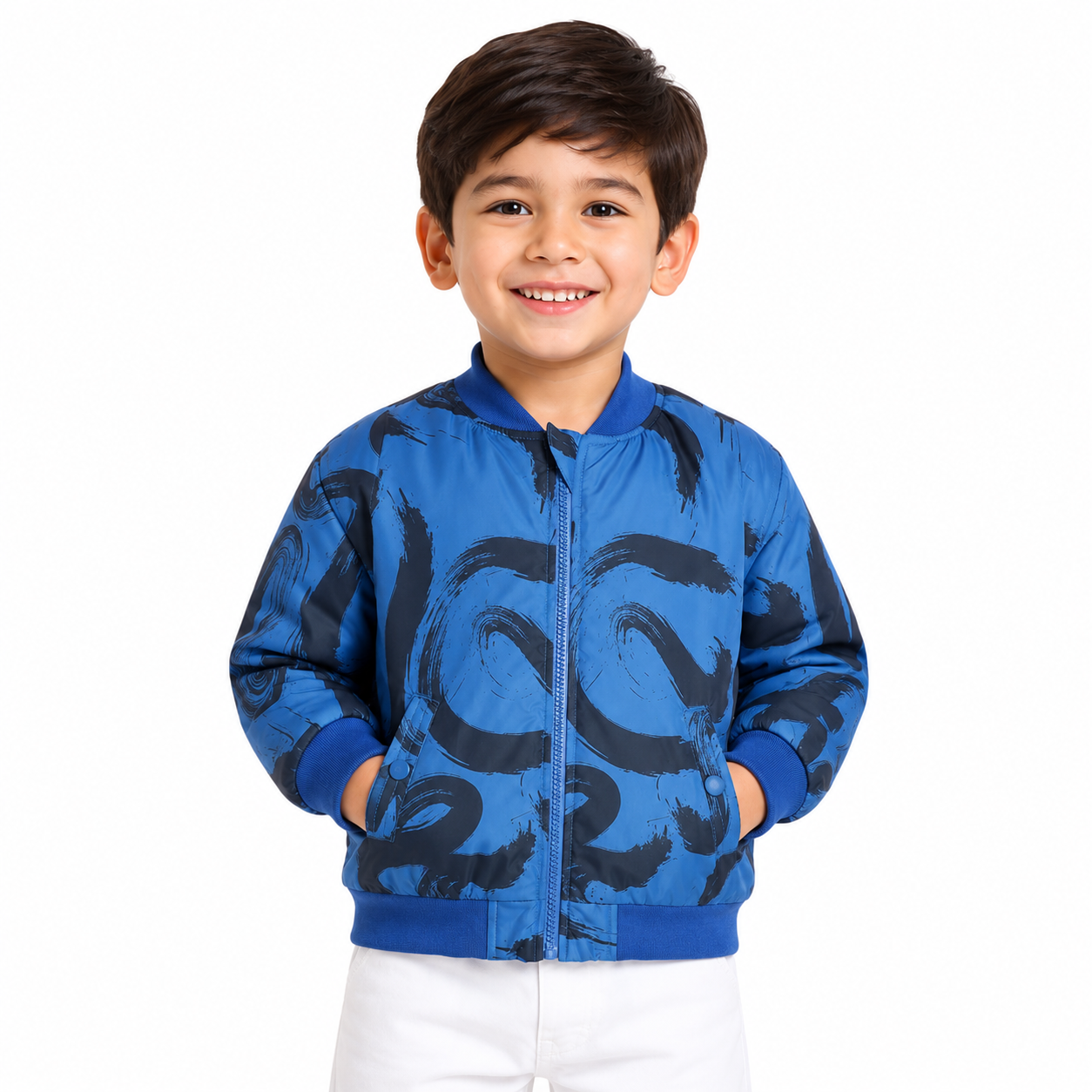 Boys Blue and Black Polyester Bomber Jacket Abstract Print Regular Fit Winter Kids Jacket