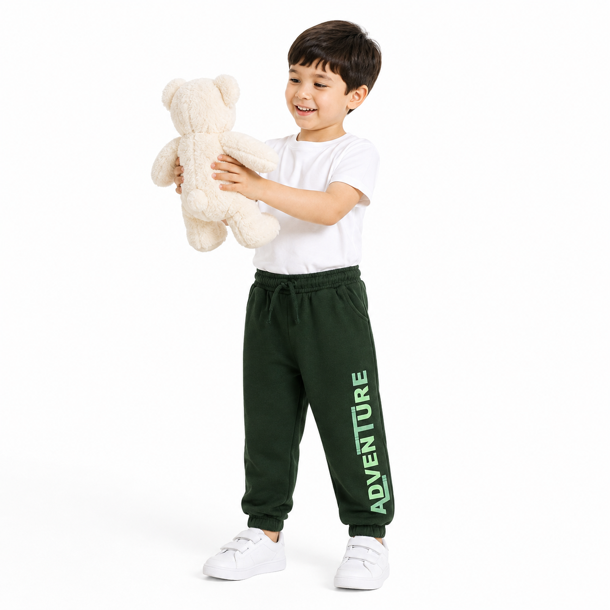 Boys Dark Green Cotton Blend Jogger Pants Graphic Detail Regular Fit Casual Kids Joggers