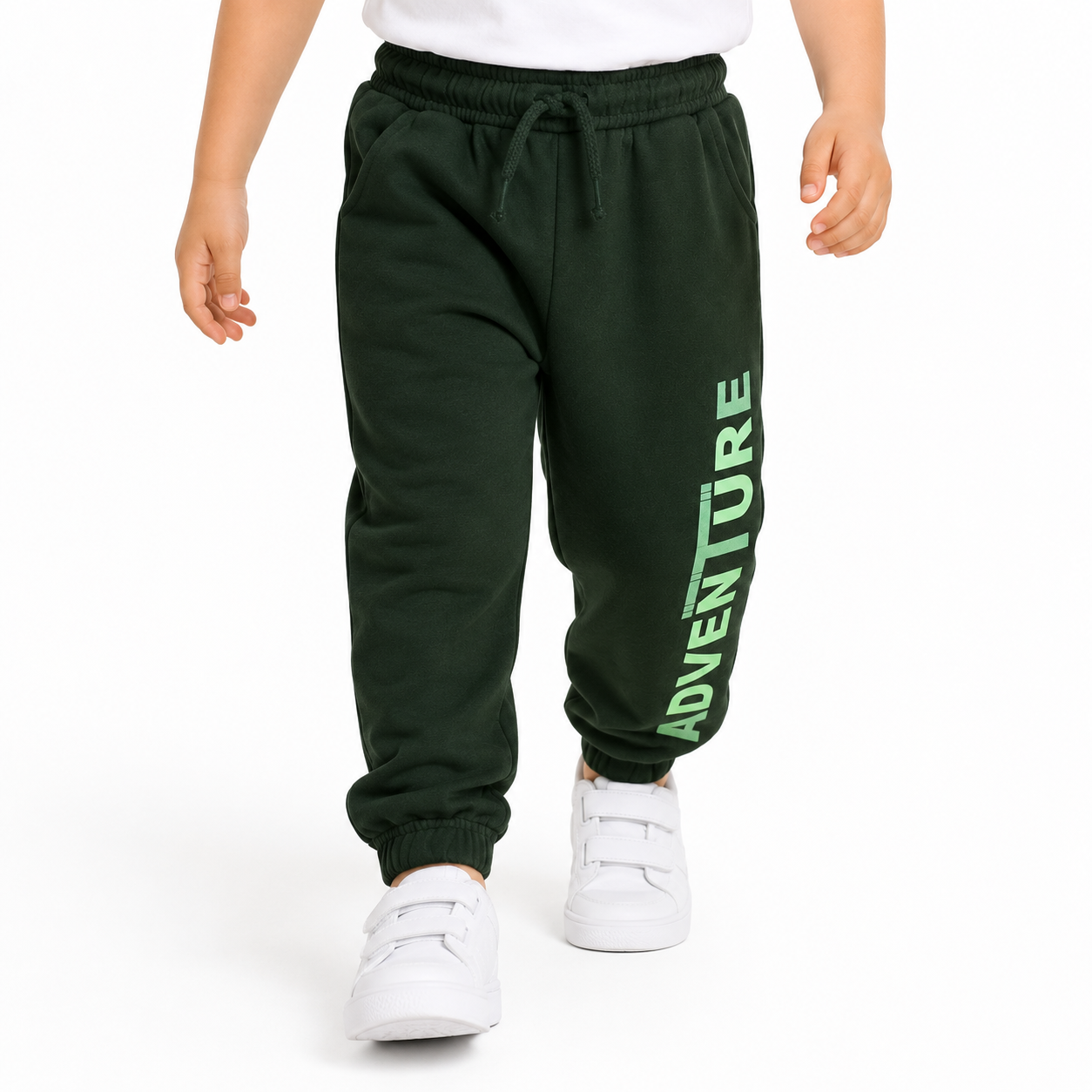 Boys Dark Green Cotton Blend Jogger Pants Graphic Detail Regular Fit Casual Kids Joggers
