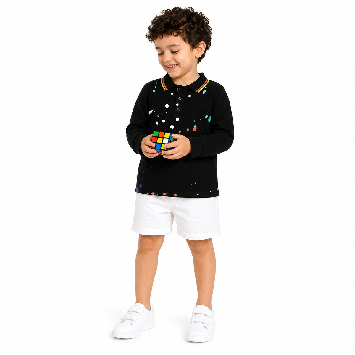 Boys Black Cotton Paint Splash Print Full Sleeve Polo T-Shirt for Everyday Wear