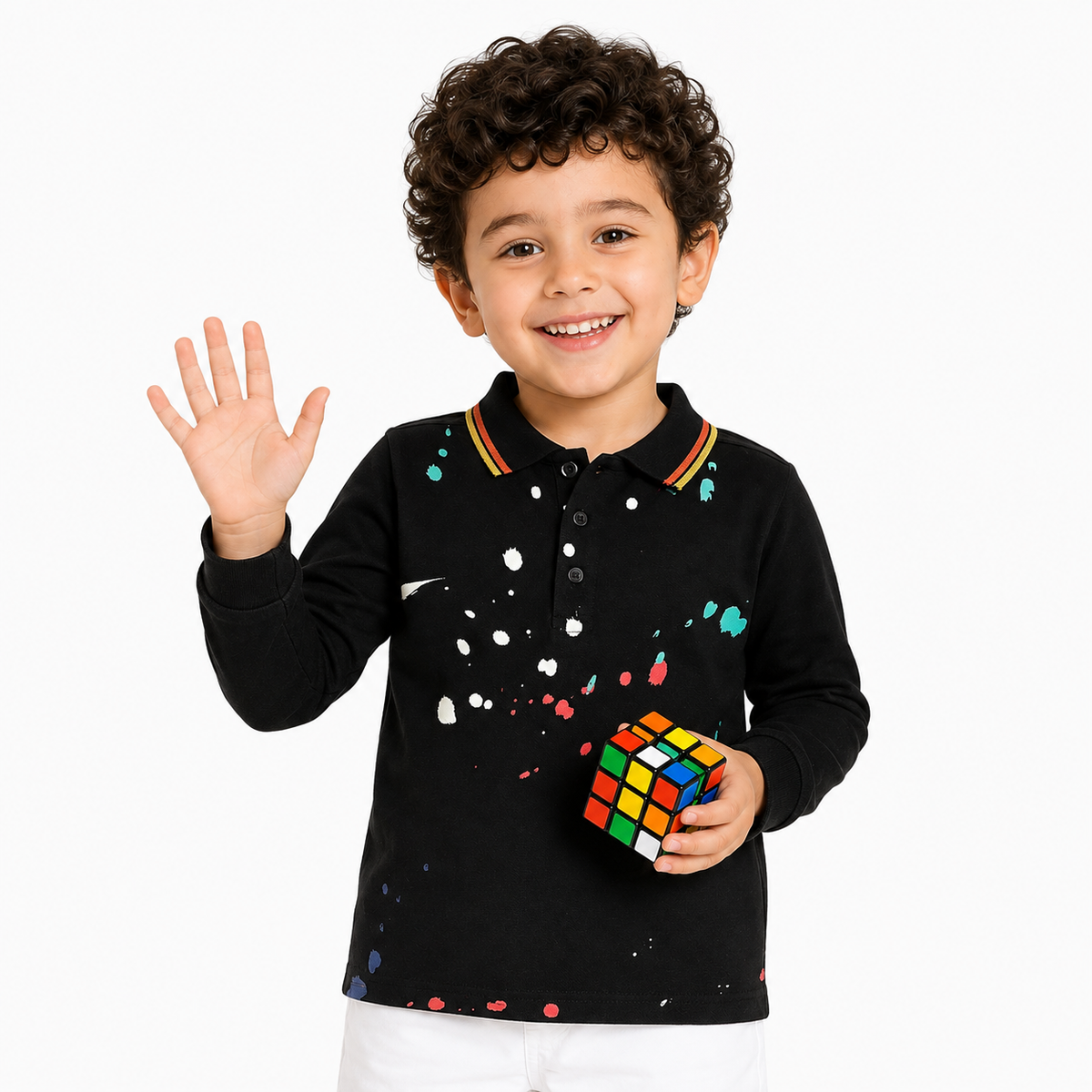 Boys Black Cotton Paint Splash Print Full Sleeve Polo T-Shirt for Everyday Wear