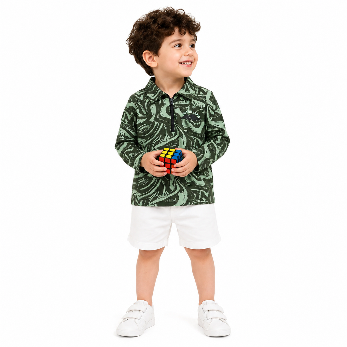 Boys Light Green and Dark Green Cotton Marble Print Full Sleeve Polo T-Shirt with Zip Placket for Everyday Wear