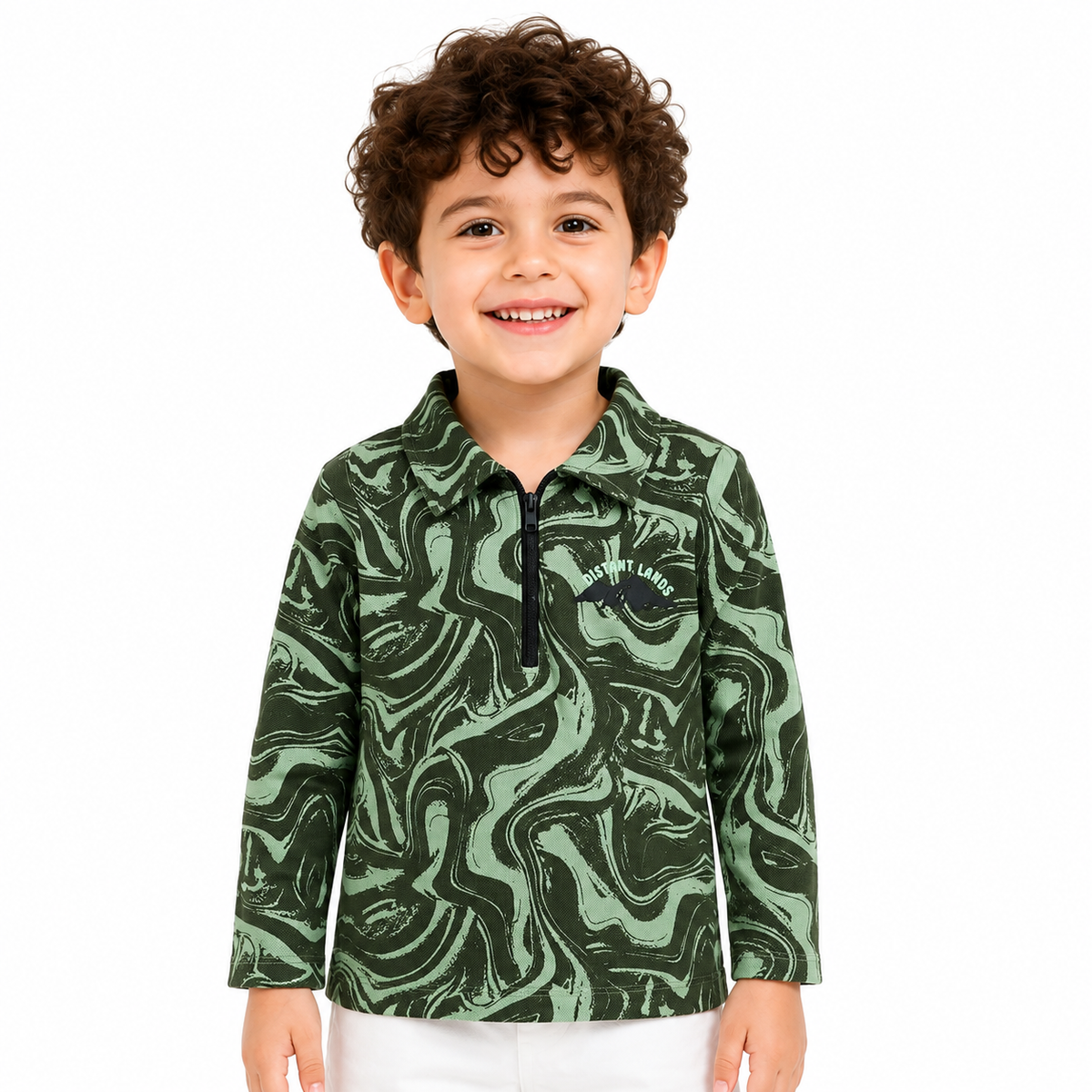 Boys Light Green and Dark Green Cotton Marble Print Full Sleeve Polo T-Shirt with Zip Placket for Everyday Wear