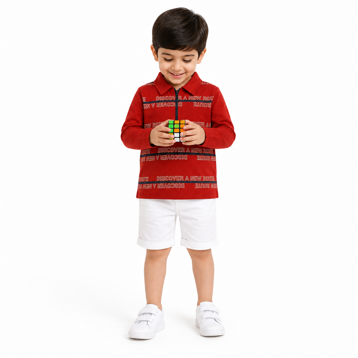 Boys Red Cotton Typography Print Full Sleeve Polo T-Shirt with Zip Placket for Everyday Wear