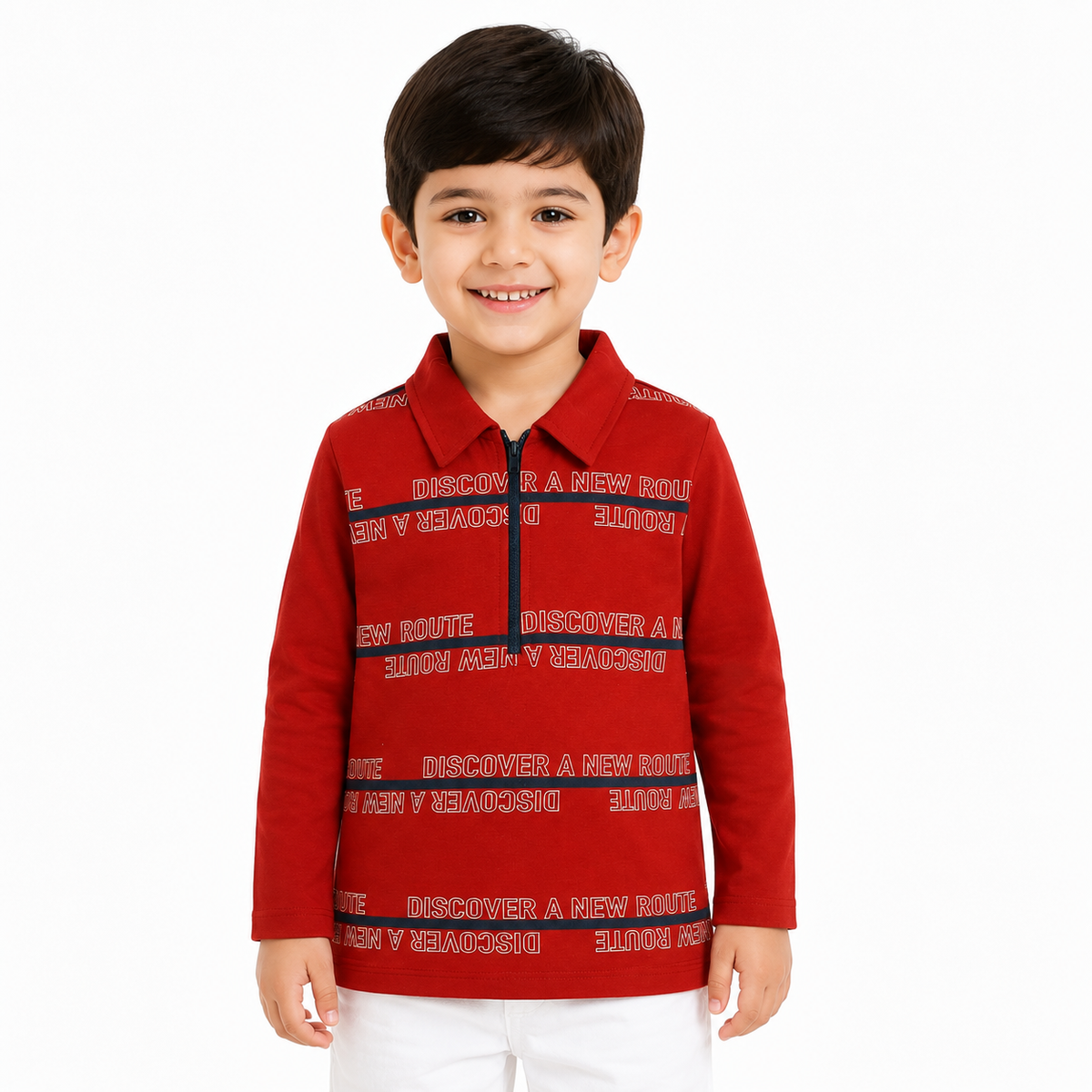 Boys Red Cotton Typography Print Full Sleeve Polo T-Shirt with Zip Placket for Everyday Wear