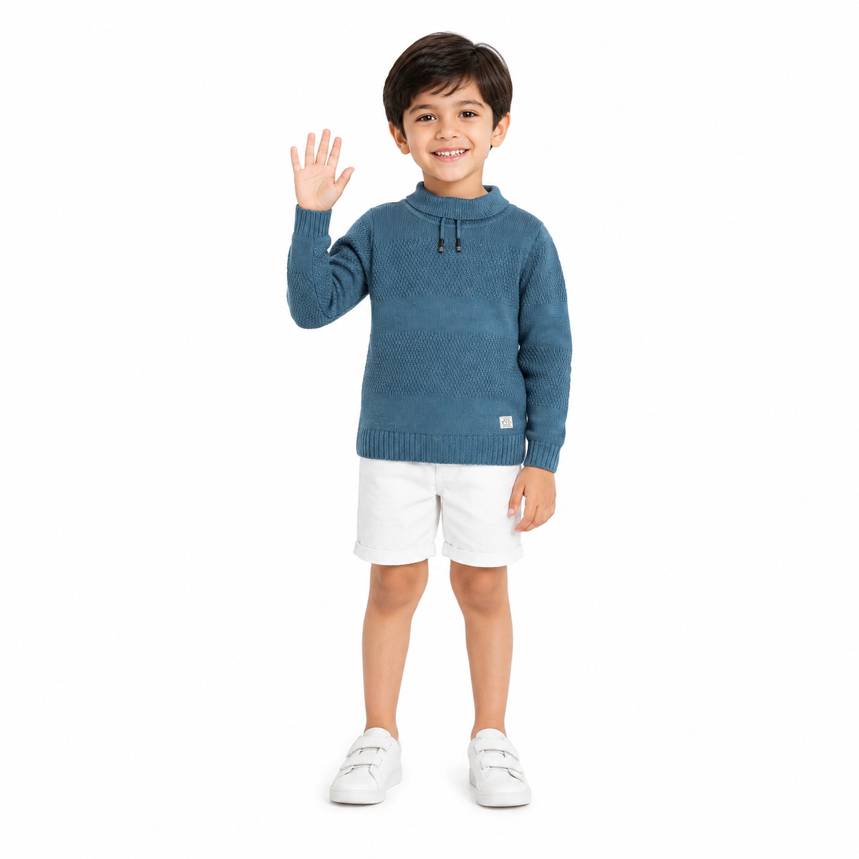 Boys Steel Blue Cotton Knit Sweater Textured Cowl Neck Winter Wear
