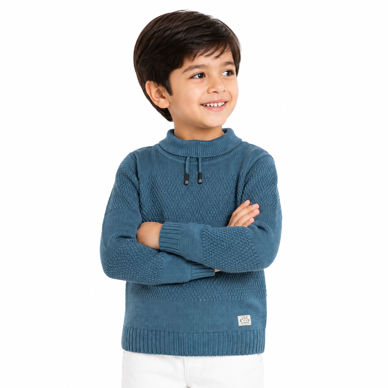 Boys Steel Blue Cotton Knit Sweater Textured Cowl Neck Winter Wear