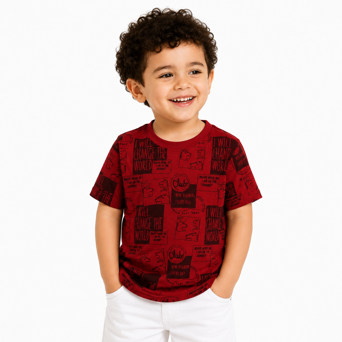 Baby Boys Red Cotton Typography Printed T-Shirt Regular Fit Casual Wear