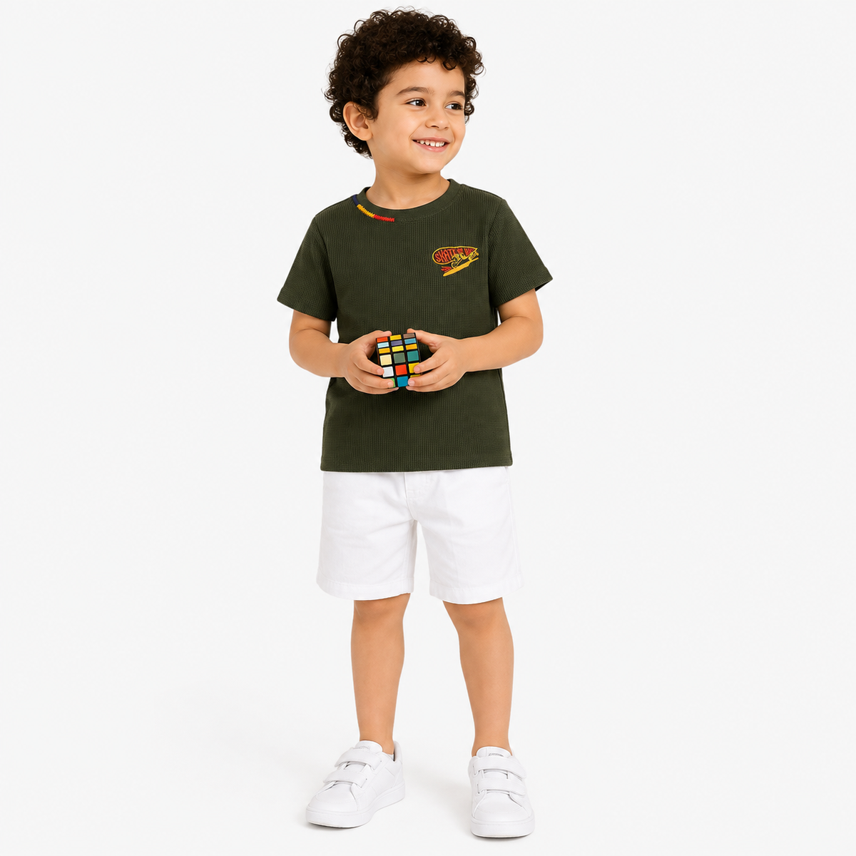 Boys Olive Green Cotton Textured Skateboard T-Shirt Half Sleeves Regular Fit Casual Wear