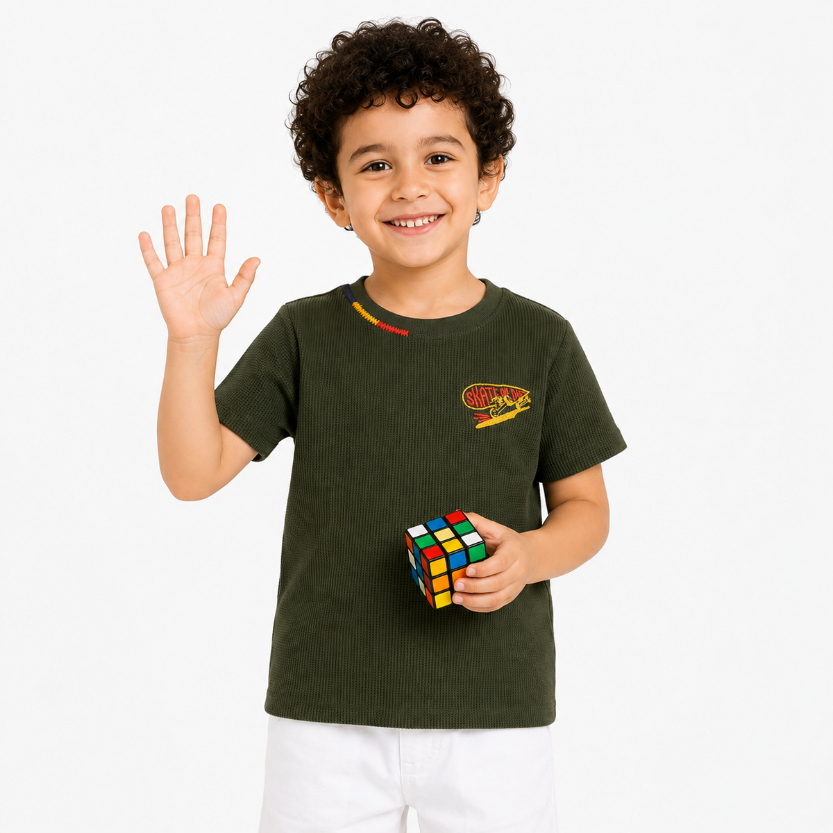 Boys Olive Green Cotton Textured Skateboard T-Shirt Half Sleeves Regular Fit Casual Wear
