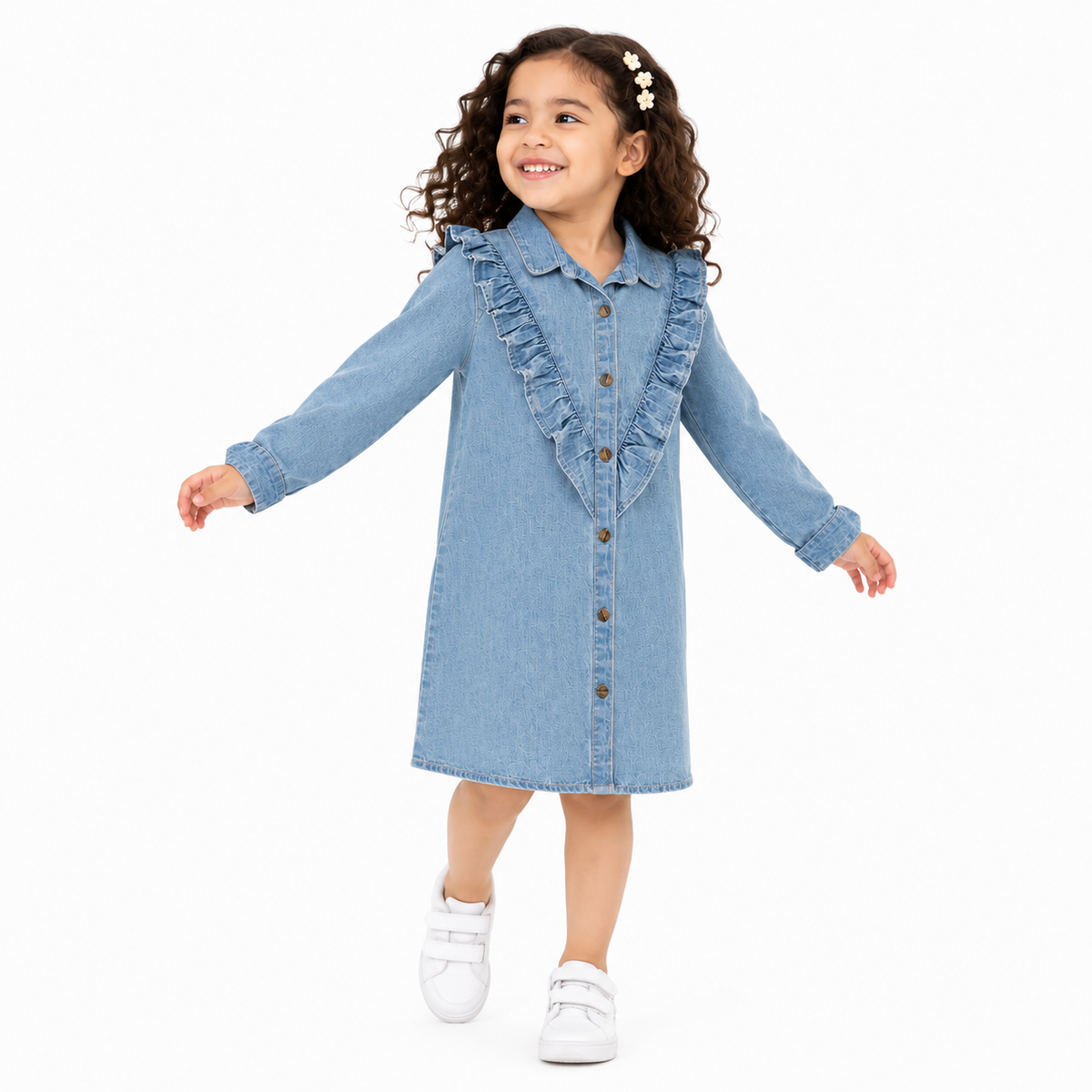 Girls Light Blue Cotton Denim Dress Ruffle Detail Regular Fit Casual Kids Dress