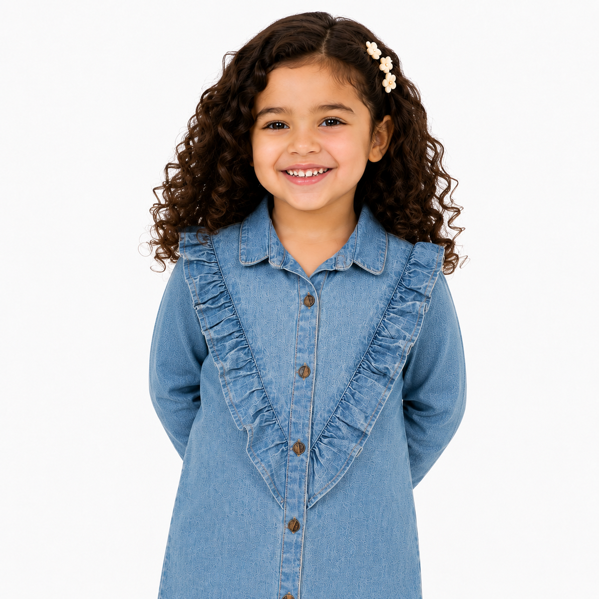 Girls Light Blue Cotton Denim Dress Ruffle Detail Regular Fit Casual Kids Dress