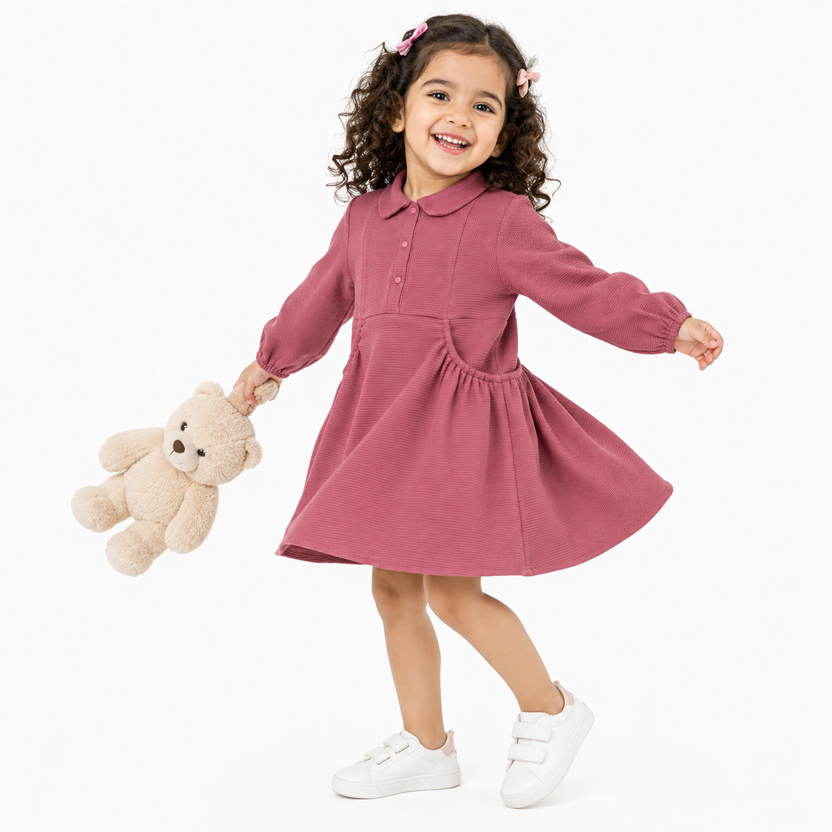 Girls Dusty Pink Cotton Knit Dress Peter Pan Collar Regular Fit Winter Kids Dress