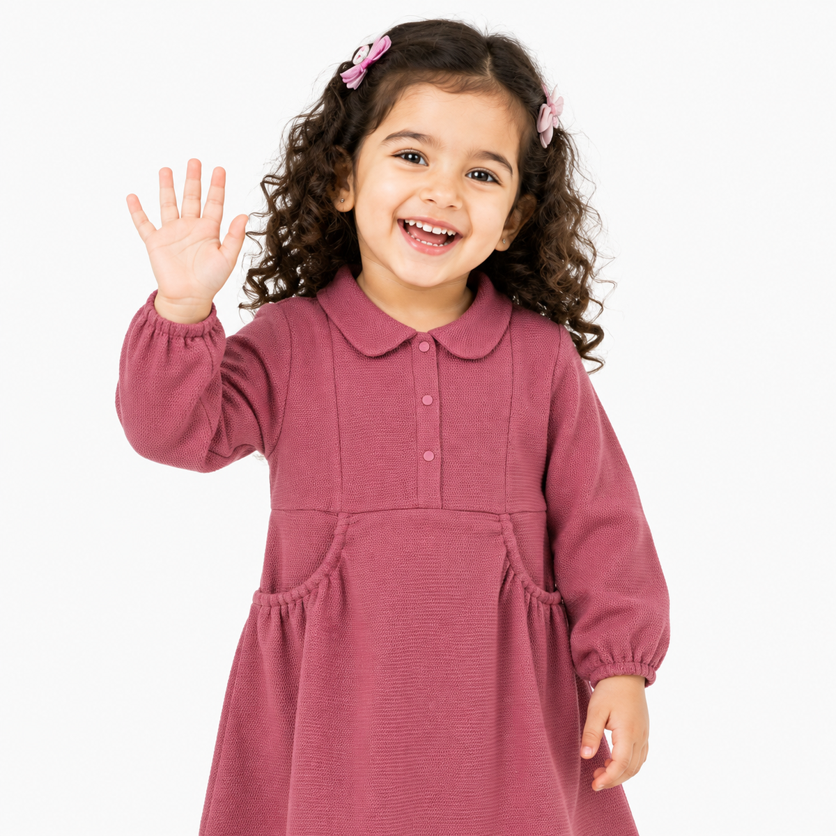 Girls Dusty Pink Cotton Knit Dress Peter Pan Collar Regular Fit Winter Kids Dress
