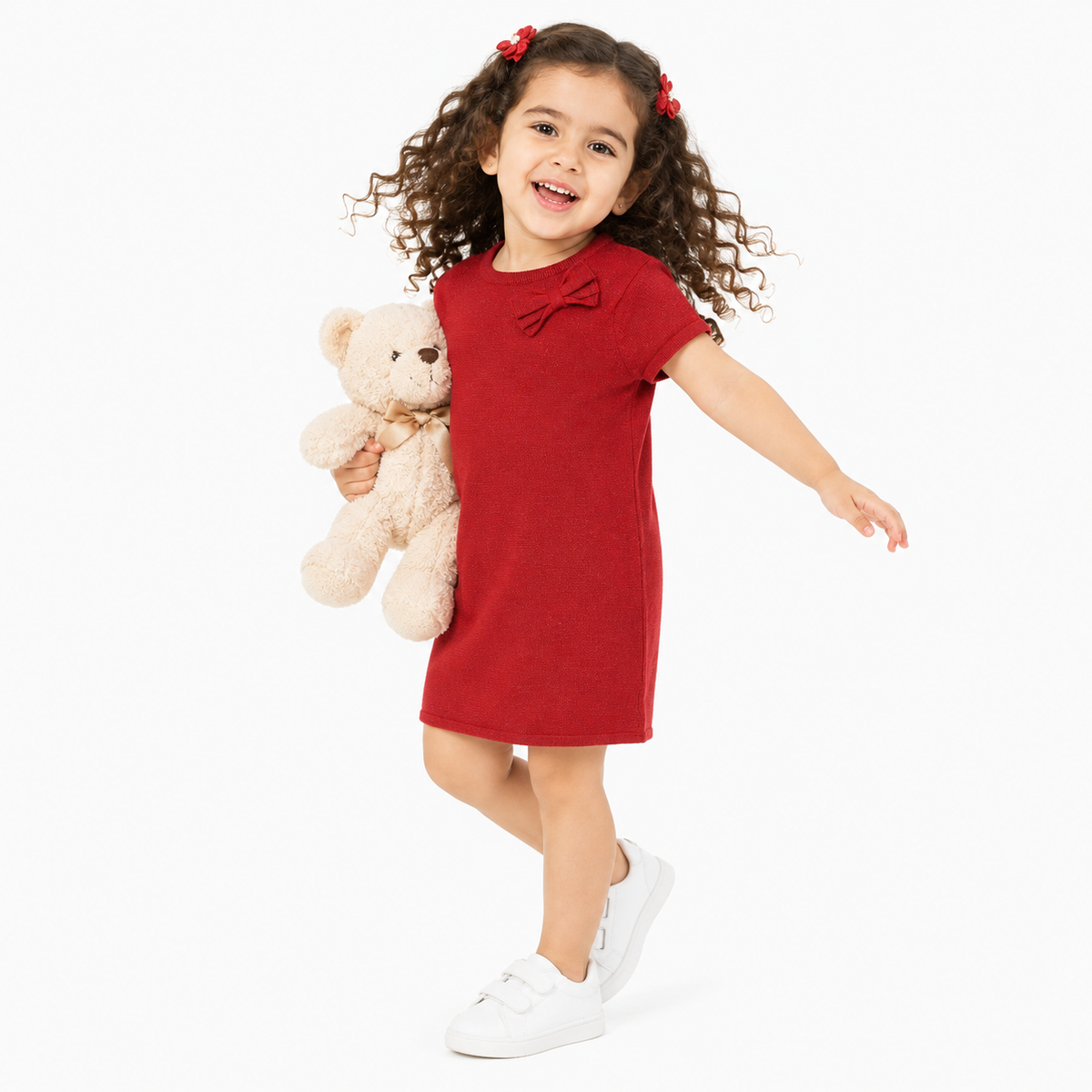 Girls Red Cotton Dress Casual Wear