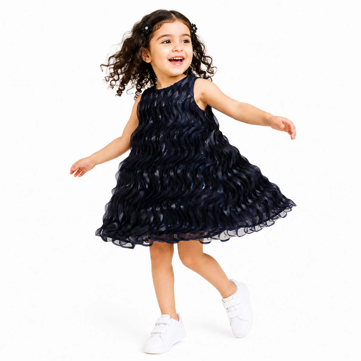 Girls Navy Blue Polyester Dress Sequin and Ruffle Detail Regular Fit Party Kids Dress
