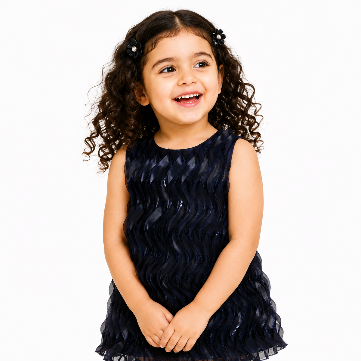 Girls Navy Blue Polyester Dress Sequin and Ruffle Detail Regular Fit Party Kids Dress