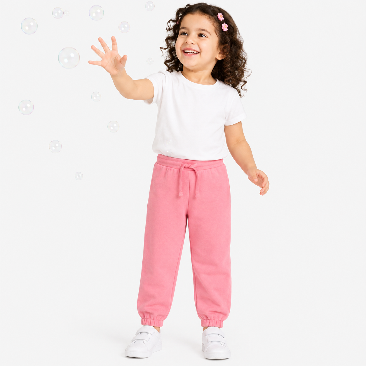 Girls Pink Cotton Jogger Pants Drawstring Waist Regular Fit Casual Kids Joggers