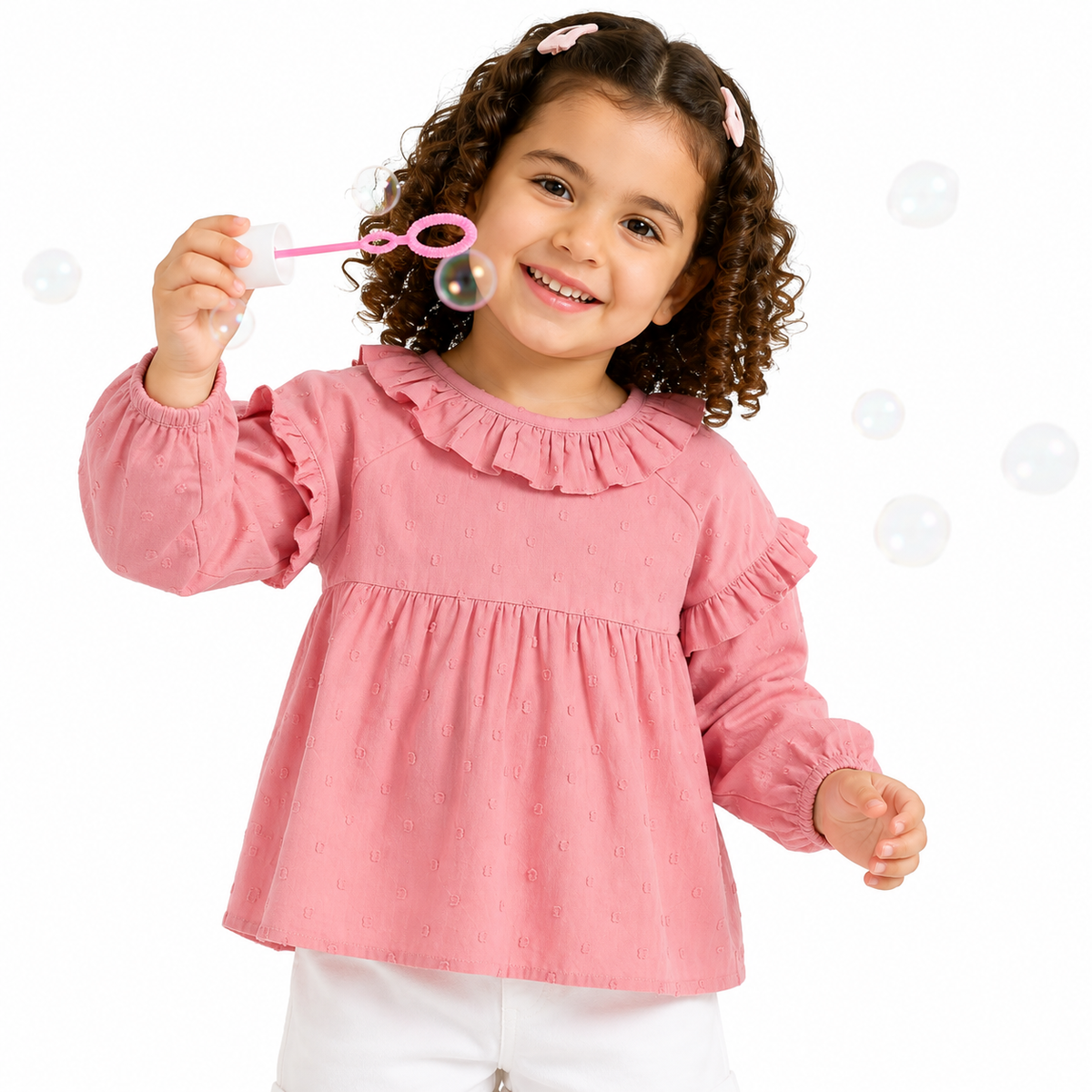 Girls Pink Cotton Woven Top Casual Wear