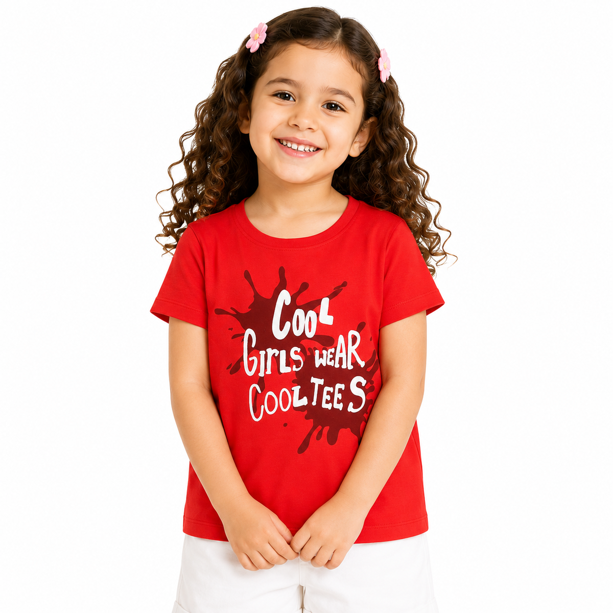 Girls Red Cotton T-Shirt Slogan Graphic Regular Fit Casual Kids T-Shirt