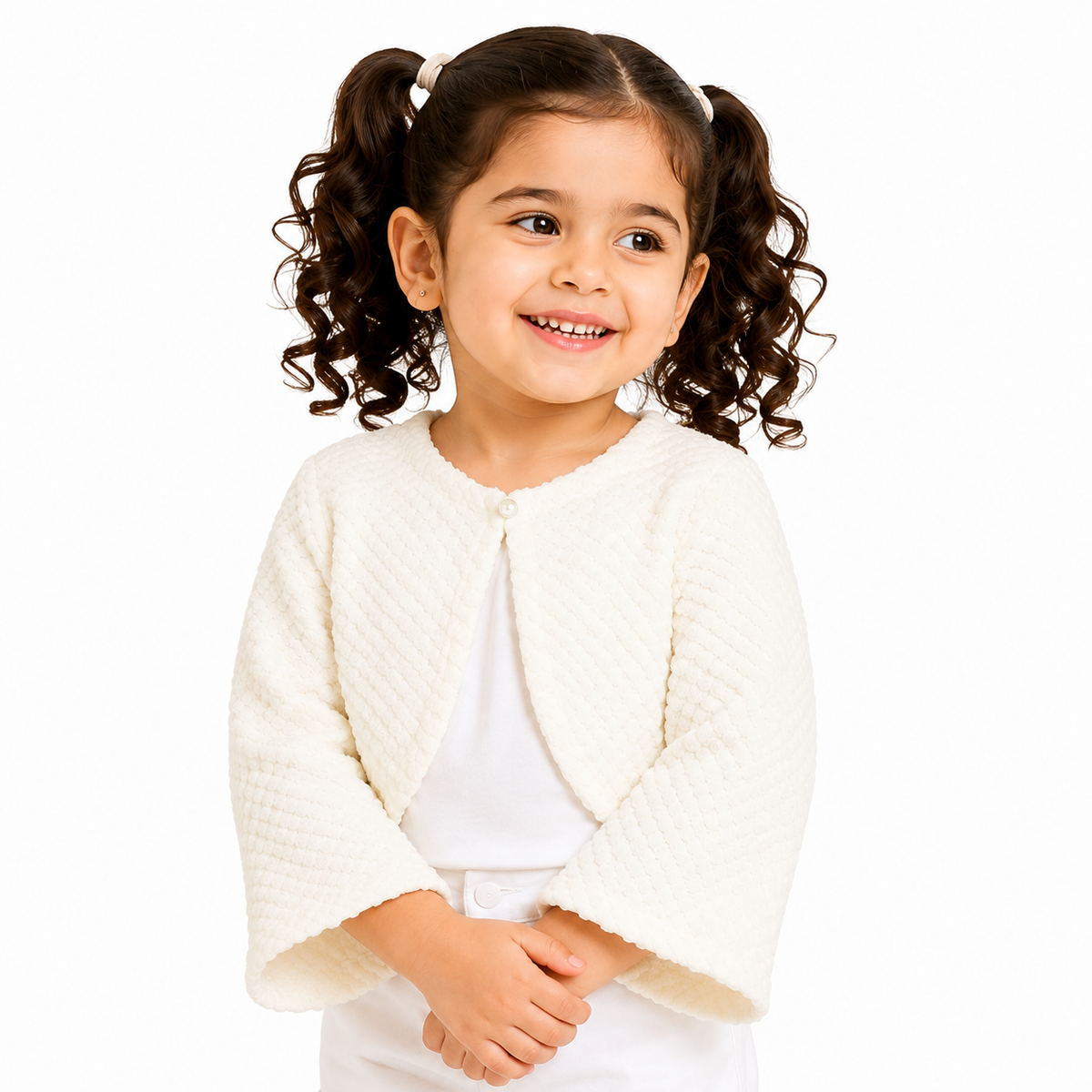 Kids Off White And White Cotton Shrug Casual Wear