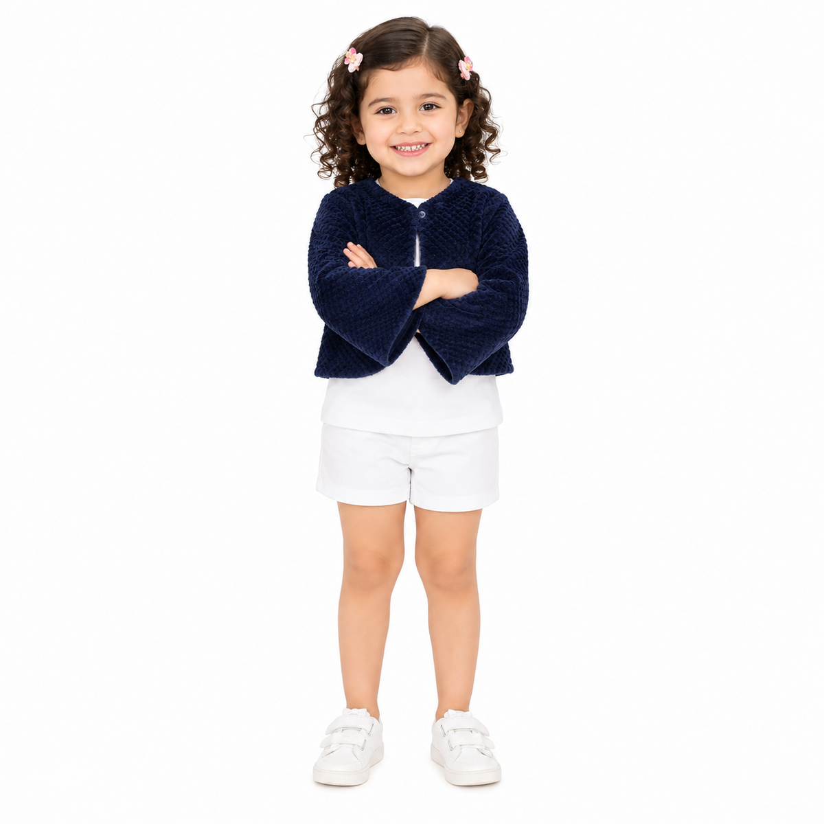 Girls Navy Blue Polyester Shrug Textured Bell Sleeves Regular Fit Party Kids Shrug