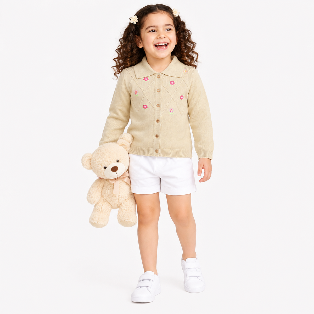 Girls Off White And White Cotton Sweater Casual Wear