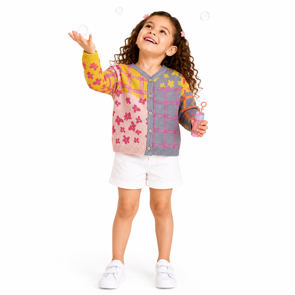 Girls Yellow Pink and Grey Cotton Knitted Cardigan Regular Fit Winter Wear