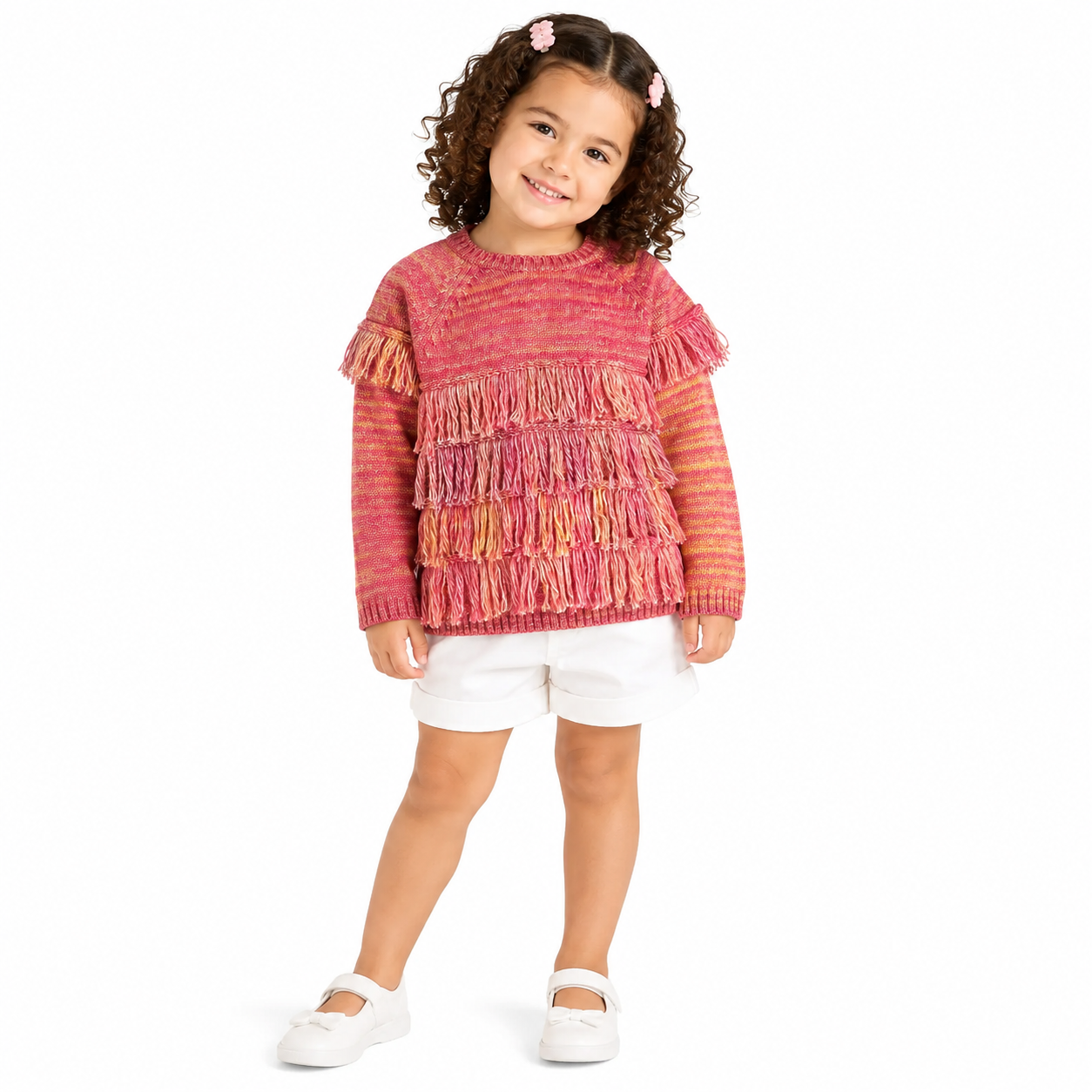Baby Girls Pink and Orange Cotton Knitted Sweater Regular Fit Winter Wear
