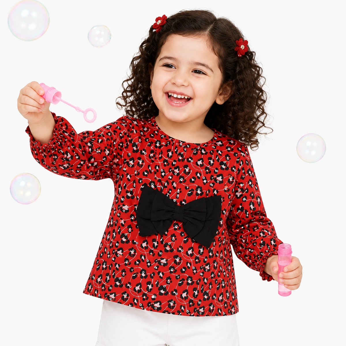 Girls Red Cotton Woven Top Casual Wear