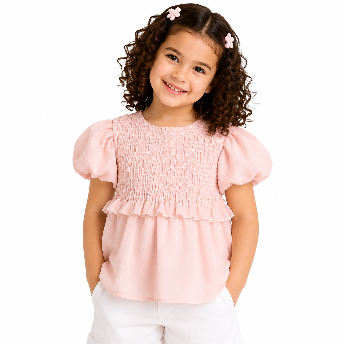 Girls Pink Cotton Woven Top Casual Wear