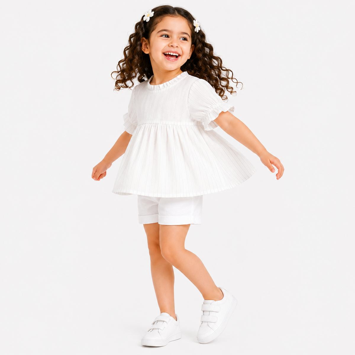 Girls White Cotton Woven Top Casual Wear