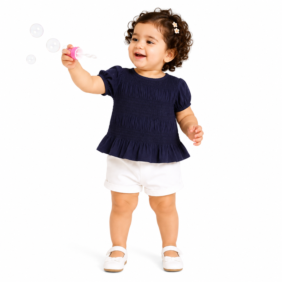 Girls Navy Blue And Navy Cotton Woven Top Casual Wear