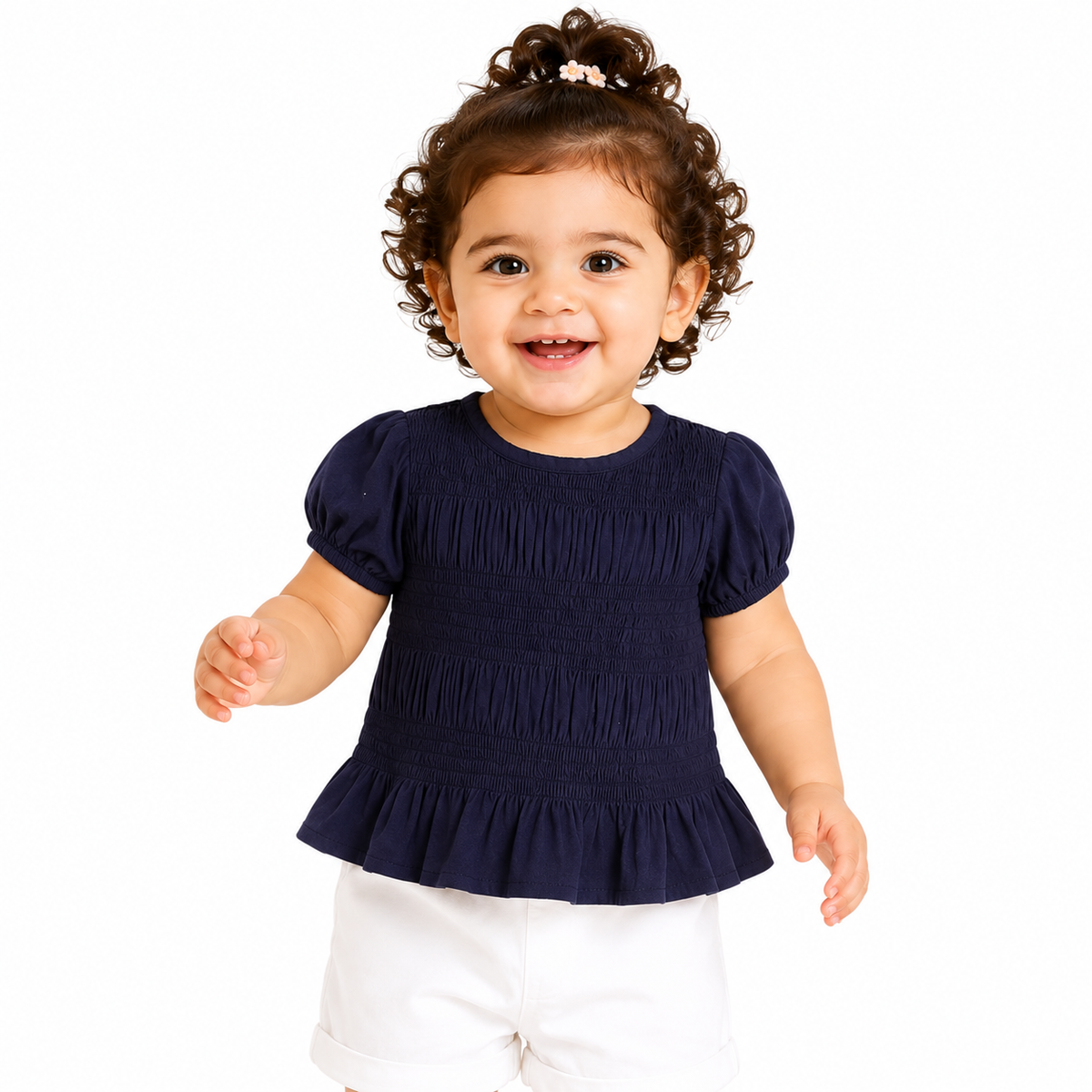 Girls Navy Blue And Navy Cotton Woven Top Casual Wear